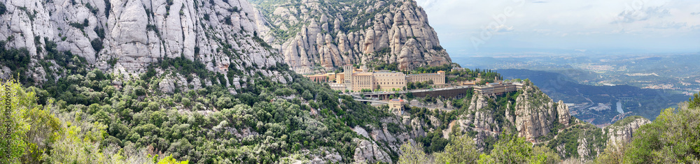 Panoramic view of Santa Maria Abbey in the mountains of Montserrat near Barcelona, Spain