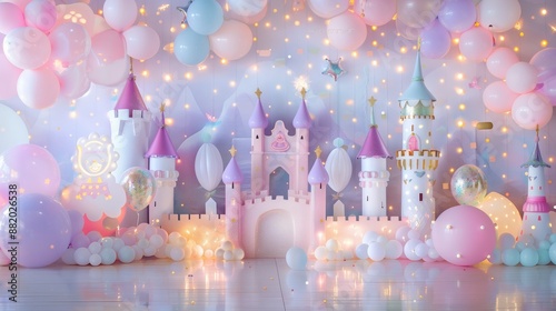 glossy laminate floor and a wall covered in whimsical children's princess party decorations, featuring castles, fairy lights, and pastel-colored balloons
