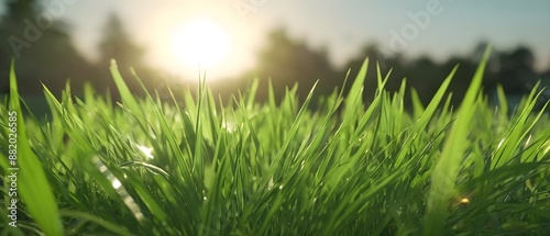 Close-up of green grass blades with morning sun and dew drops