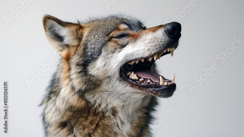 A photo of an angry wolf, mouth open showing teeth, side view, against a white background  © Den Elbriggs