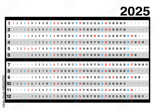 2025年の年間1行カレンダー