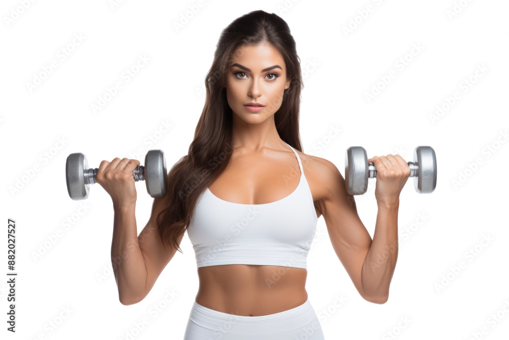 Fit young woman in workout gear lifting a dumbbell, showcasing her toned arms. Isolated on white background