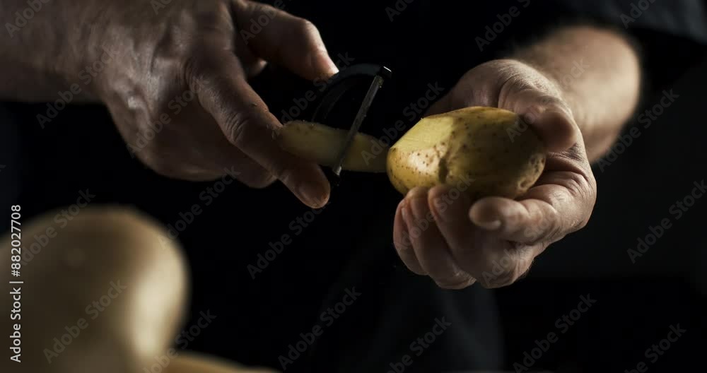 Super slow motion close up of fresh bio organic orange potato is being peeled by chef with peeling knife while preparing vegetarian dish in restaurant kitchen at 1000 fps. Super slow motion close up of fresh bio organic orange potato is being peeled by chef with peeling knife while preparing vegetarian dish in restaurant kitchen at 1000 fps.