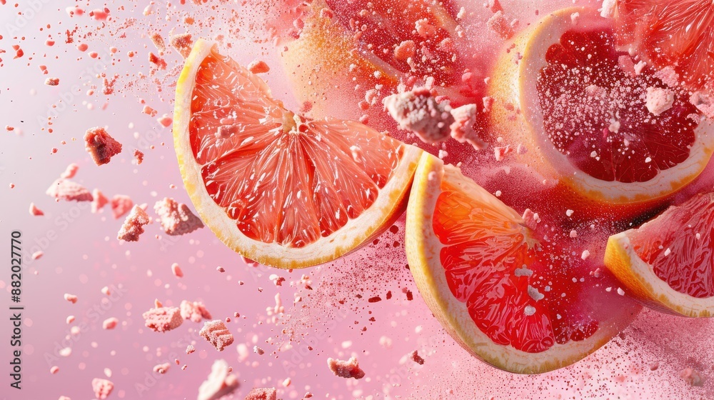 Grapefruit slices with pink powder on a fuzzy pink background Grapefruit slices with pink powder on a fuzzy pink background
