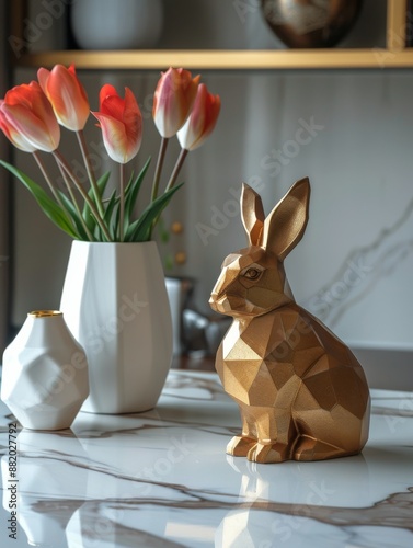 Geometric Gold Rabbit Figurine on Marble Tabletop With Pink Tulips