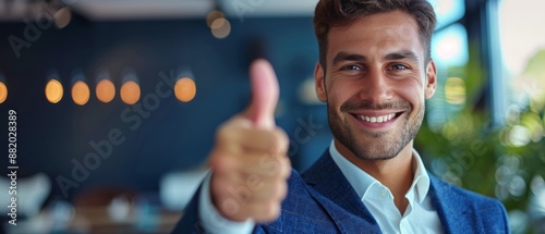 Smiling Man Gives Thumbs Up in Office Setting