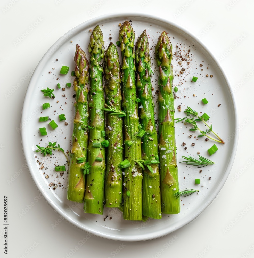 Roasted Asparagus Spears on a White Plate With Herbs and Seasoning Roasted Asparagus Spears on a White Plate With Herbs and Seasoning