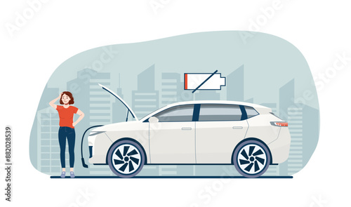 The battery of the electric car is discharged and the woman is thinking what to do. Vector illustration.