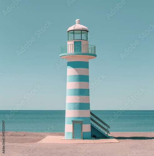 Coastal Lighthouse With Blue and White Stripes on Sandy Beach