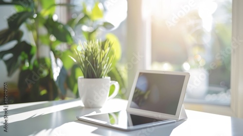 Modern Technology Workspace: Tablet and Coffee Mug on White Desk in Soft Natural Light for Relaxing Learning Environment