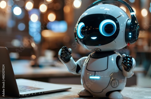 White Robot Using Laptop At Desk