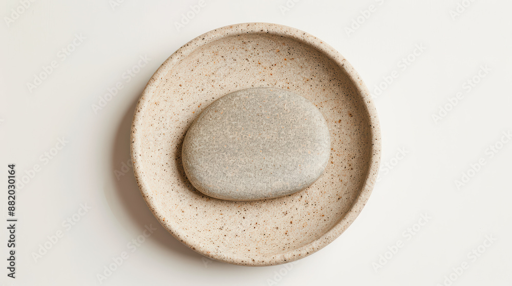 Minimalistic image of a single smooth stone centered on a round, speckled ceramic plate against a white background. Perfect for calm and serenity concepts. Minimalistic image of a single smooth stone centered on a round, speckled ceramic plate against a white background. Perfect for calm and serenity concepts.