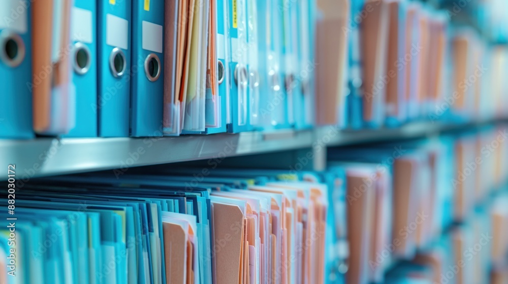 Close-up of colorful file folders arranged neatly on shelves in an office Close-up of colorful file folders arranged neatly on shelves in an office
