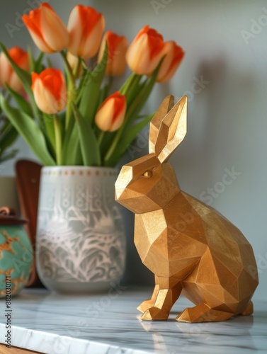 Geometric Gold Rabbit Figurine on Marble Tabletop With Pink Tulips