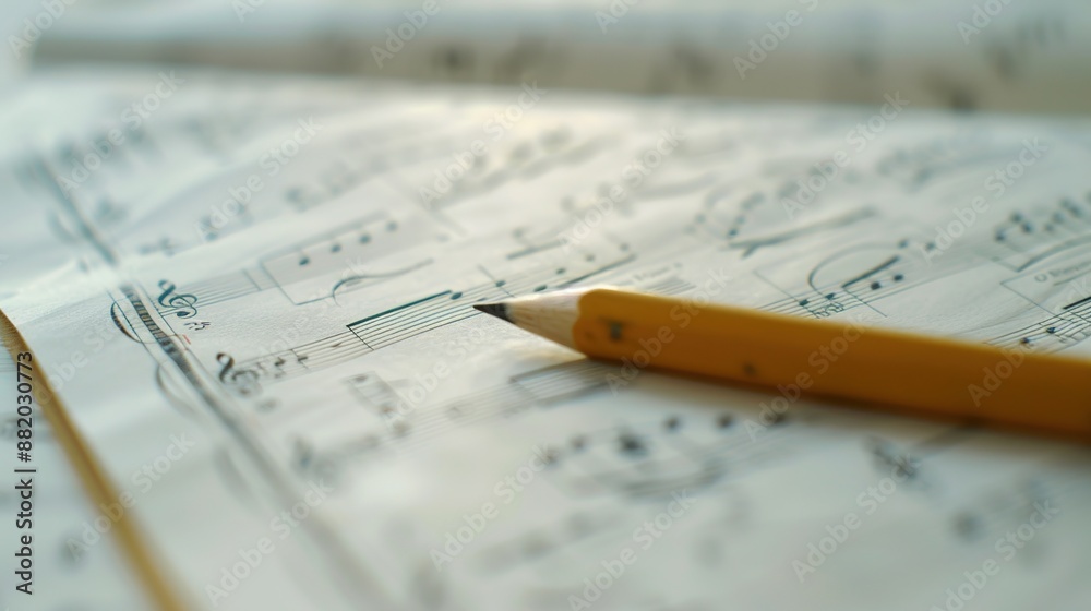 Harmony in Detail: Close-up Macro of Music Sheets and Pencil on White Surface in Soft Natural Light, Perfect for Music Education Harmony in Detail: Close-up Macro of Music Sheets and Pencil on White Surface in Soft Natural Light, Perfect for Music Education