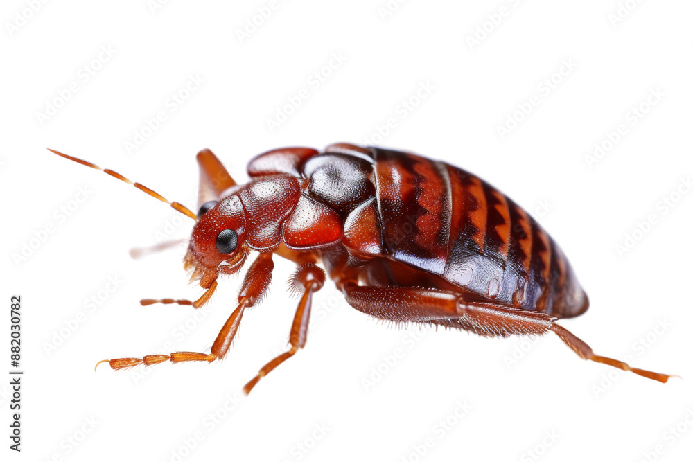 A realistic photo of a bed bug crawling , isolated on a white background, its reddish-brown body and segmented abdomen clearly visible A realistic photo of a bed bug crawling , isolated on a white background, its reddish-brown body and segmented abdomen clearly visible