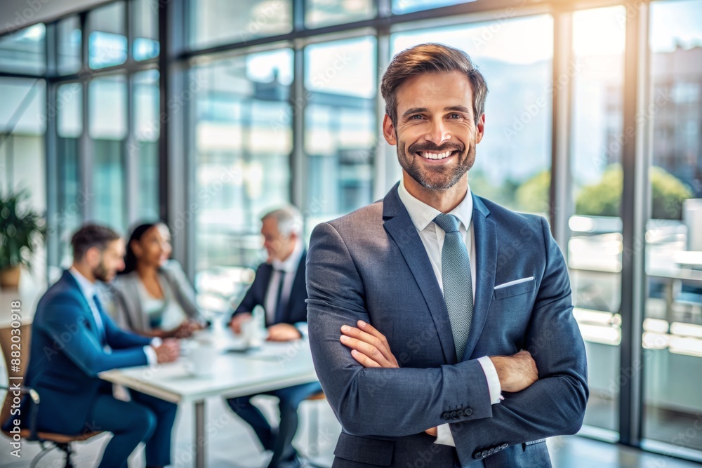 Office man with leadership and business skills ready for objectives and challenges. Chief executive, joyful, proud, or confident man entrepreneur with vision, mission, and workplace humor.