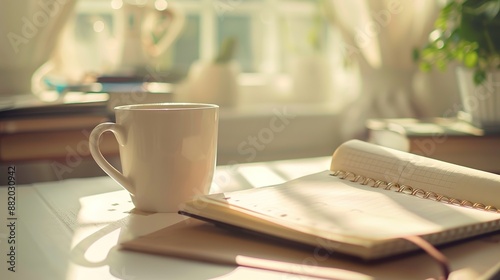 Tranquil Study Session - Close-up of Paper Planner and Coffee on White Desk in Soft Natural Light