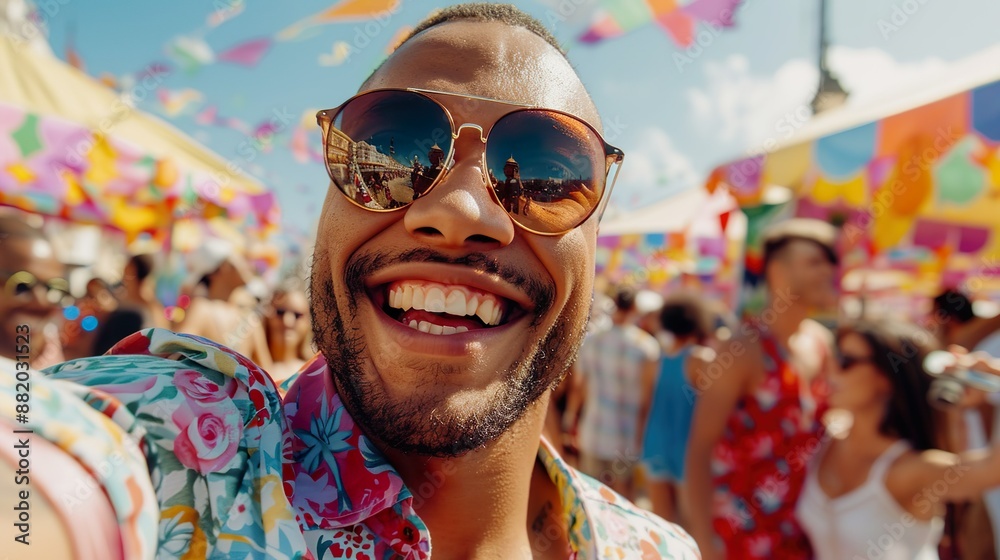 Cheerful Man Taking Selfie at Vibrant Street Festival Cheerful Man Taking Selfie at Vibrant Street Festival