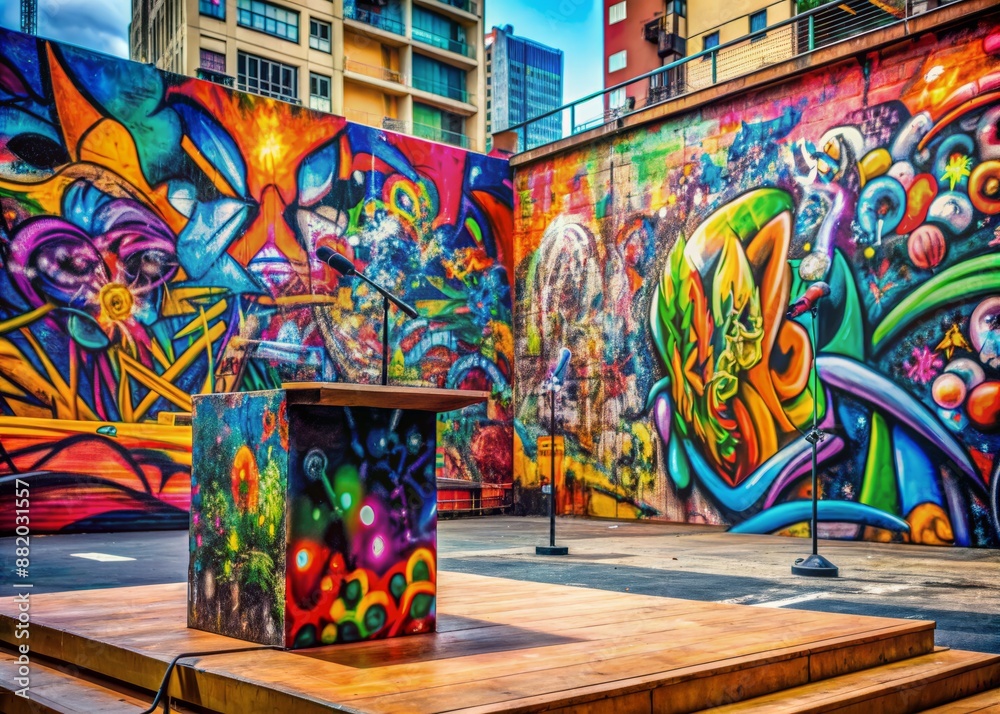 Naklejka premium Vibrant graffiti-splashed podium stands against a kaleidoscopic urban backdrop of street art murals, exuding a rebellious and creative energy in a gritty city setting.