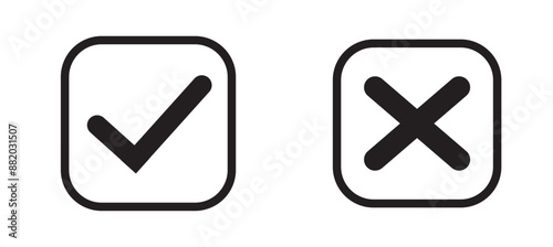 Set of red X and green check mark icons. Cross and tick symbols isolated on Transparent background.