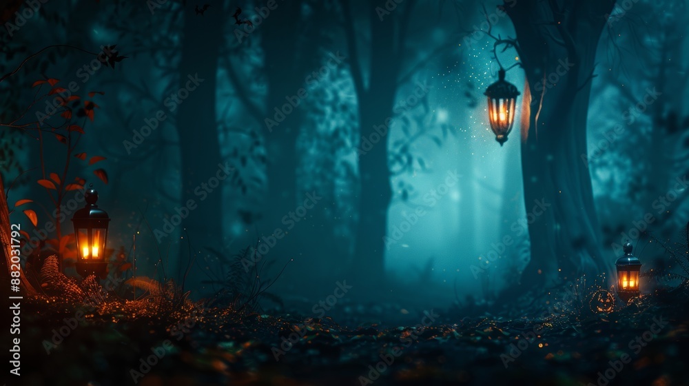 Enchanted forest halloween lanterns at spooky night for magical halloween design Enchanted forest halloween lanterns at spooky night for magical halloween design