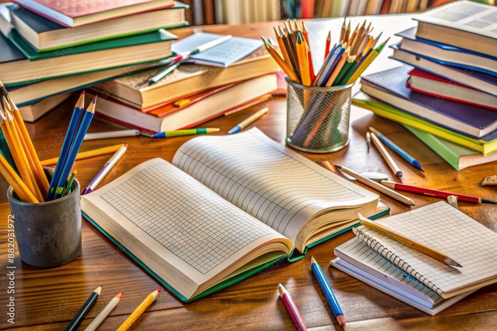 Obraz premium Cluttered desk with open textbooks, pencils, and worksheets showing incorrect answers, symbolizing a struggling student's frustration with reading, writing, and math homework assignments.