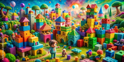 Wallpaper Mural Vibrant colorful building blocks scattered around a whimsical landscape, tiny figurines, and fantastical creatures, showcasing a child's imagination and creativity in playful chaos. Torontodigital.ca
