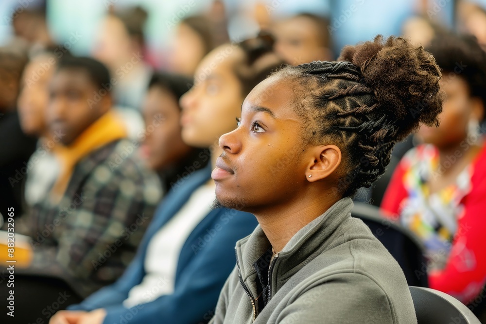 A diverse group of students attending a financial literacy seminar learning about budgeting. A diverse group of students attending a financial literacy seminar learning about budgeting.