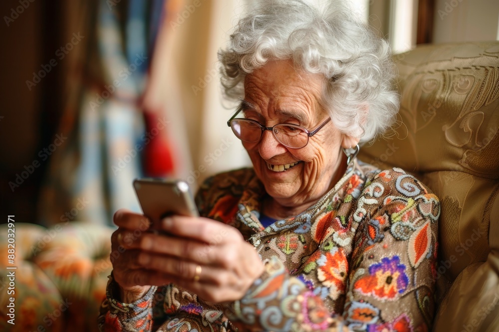 A female pensioner enjoying the new smartphone. A female pensioner enjoying the new smartphone.