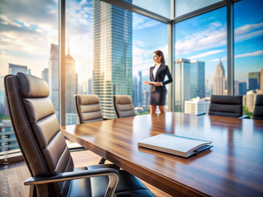 Confident female executive absent from frame, leaving empty chair and notepad in modern conference room with blurred cityscape background and ample copy space.