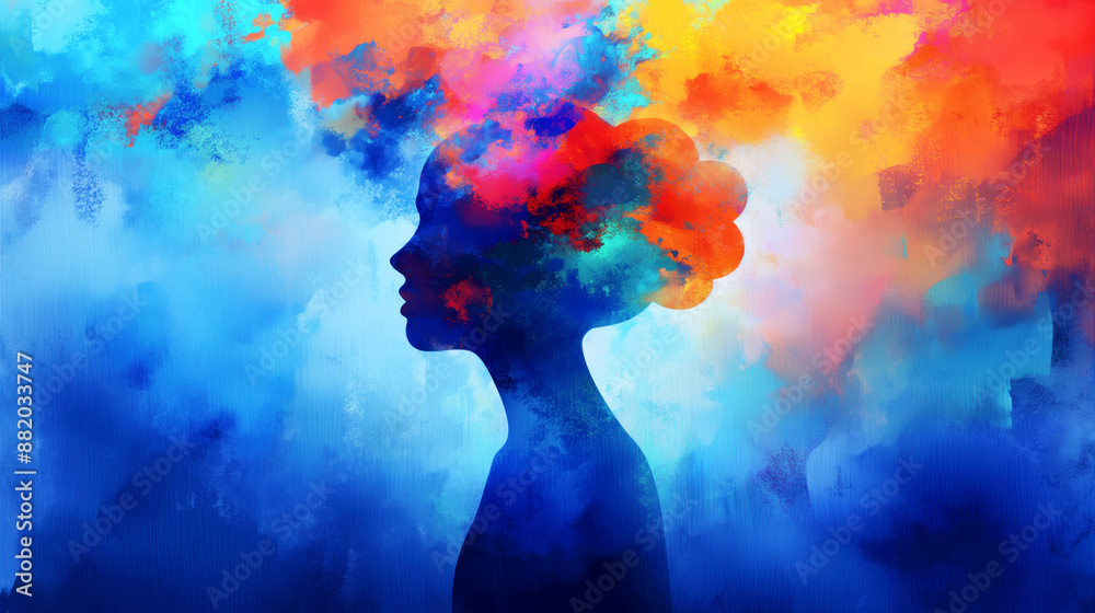 Artistic silhouette of a person with a vibrant, colorful explosion of clouds in the head area. Artistic silhouette of a person with a vibrant, colorful explosion of clouds in the head area.