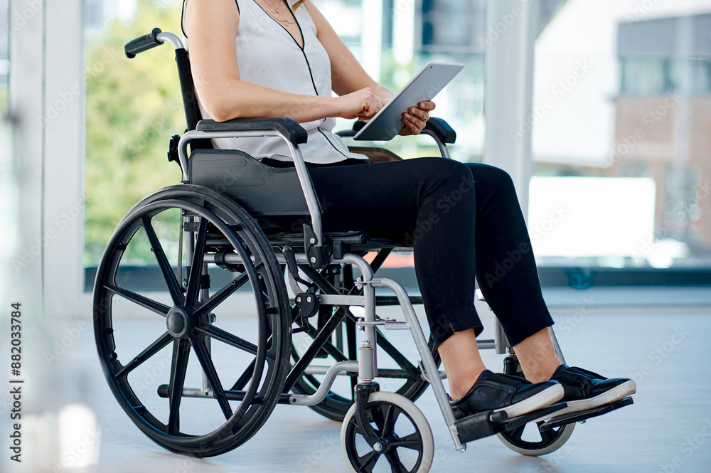 Woman, wheelchair and planning with tablet in office for career, lesson work for education or curriculum. Knowledge, ebook and person with disability in school lounge, internet for study schedule Woman, wheelchair and planning with tablet in office for career, lesson work for education or curriculum. Knowledge, ebook and person with disability in school lounge, internet for study schedule