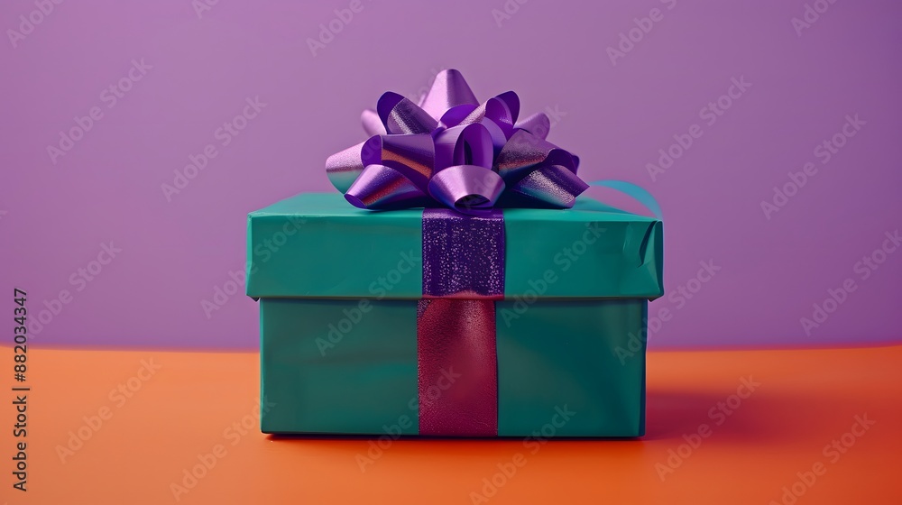 Fototapeta premium Bright green colored cardboard box with purple bow and ribbons placed on orange table against violet background. 