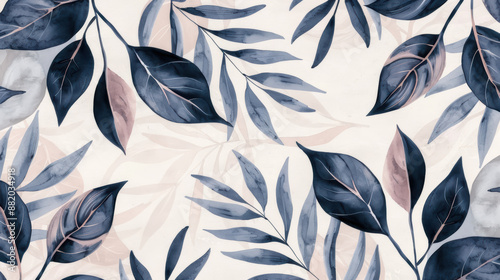 Elegant pattern featuring blue and pink leaves on a light background. Perfect for textiles, wallpapers, and decorative projects.