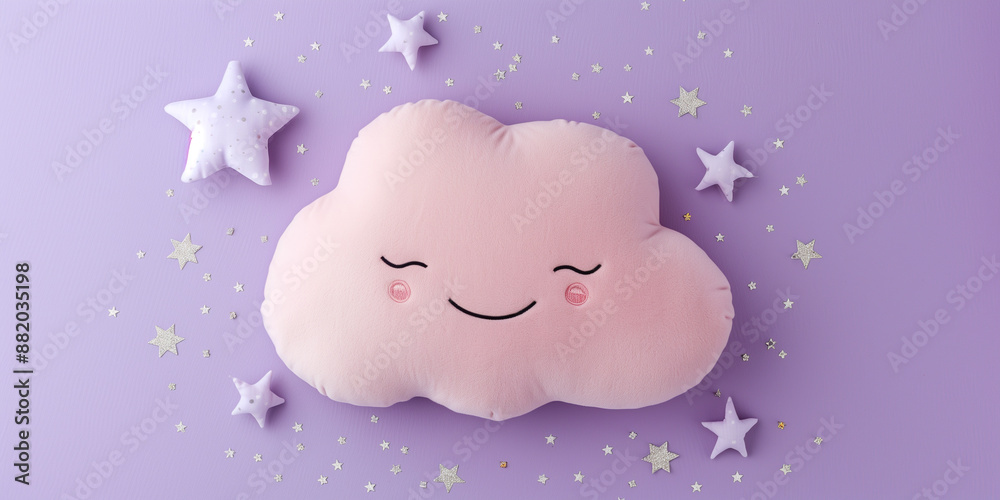 Pastel pink cloud-shaped pillow with a smiling face, surrounded by stars on a lavender background Pastel pink cloud-shaped pillow with a smiling face, surrounded by stars on a lavender background