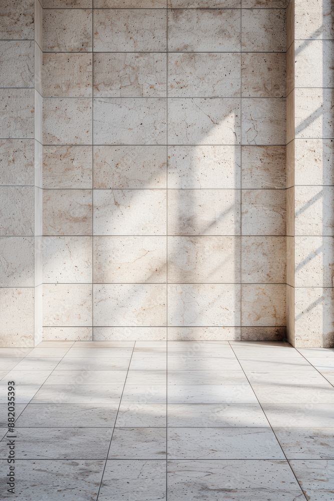Sunlight streaming through large windows casting shadows on a modern stone wall and floor in an architectural interior space. Sunlight streaming through large windows casting shadows on a modern stone wall and floor in an architectural interior space.