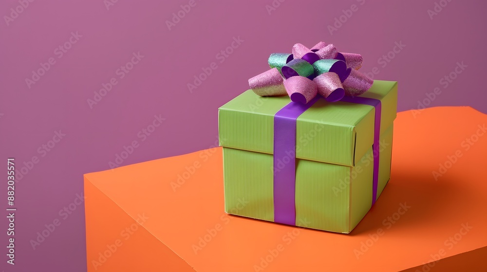 Bright green colored cardboard box with purple bow and ribbons placed on orange table against violet background. Bright green colored cardboard box with purple bow and ribbons placed on orange table against violet background.