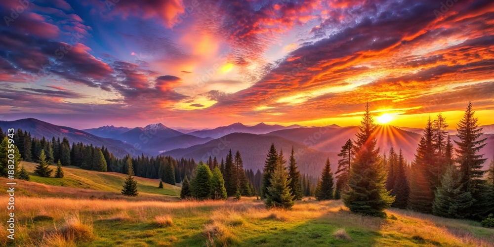 Golden Hour Sunset Over Mountain Range with Pine Forest, mountain, landscape, nature, sunset