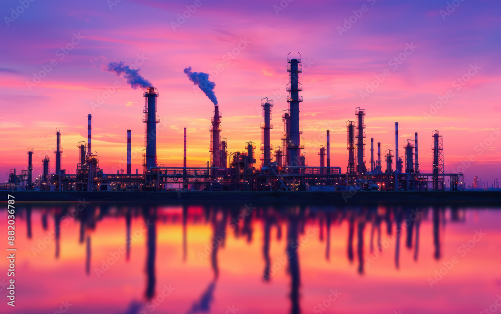 A breathtaking view of an industrial refinery at sunset, with glowing lights reflecting on calm water, showcasing energy production and environmental balance. A breathtaking view of an industrial refinery at sunset, with glowing lights reflecting on calm water, showcasing energy production and environmental balance.