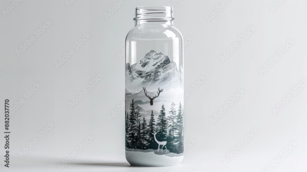 Water Bottle with Mountain and Deer Design Water Bottle with Mountain and Deer Design