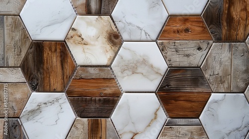 Hexagon tiles featuring marble and wood textures for modern designs. © MakoPoko