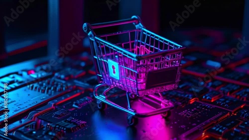 A purple and blue neon shopping cart sits on a circuit board. photo