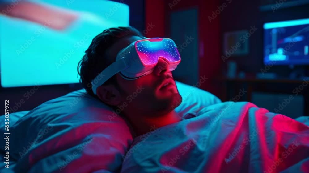 This is a video of a person wearing a virtual reality headset while lying in a bed. This is a video of a person wearing a virtual reality headset while lying in a bed.