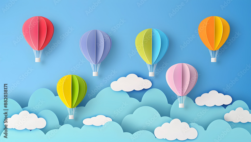 Paper art style of colorful hot air balloons and cloud on blue sky. Vector illustration Paper art style of colorful hot air balloons and cloud on blue sky. Vector illustration