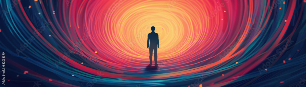 Silhouette of person standing in a cosmic vortex of vibrant colors, symbolizing the journey through the mind and expanding consciousness. Silhouette of person standing in a cosmic vortex of vibrant colors, symbolizing the journey through the mind and expanding consciousness.