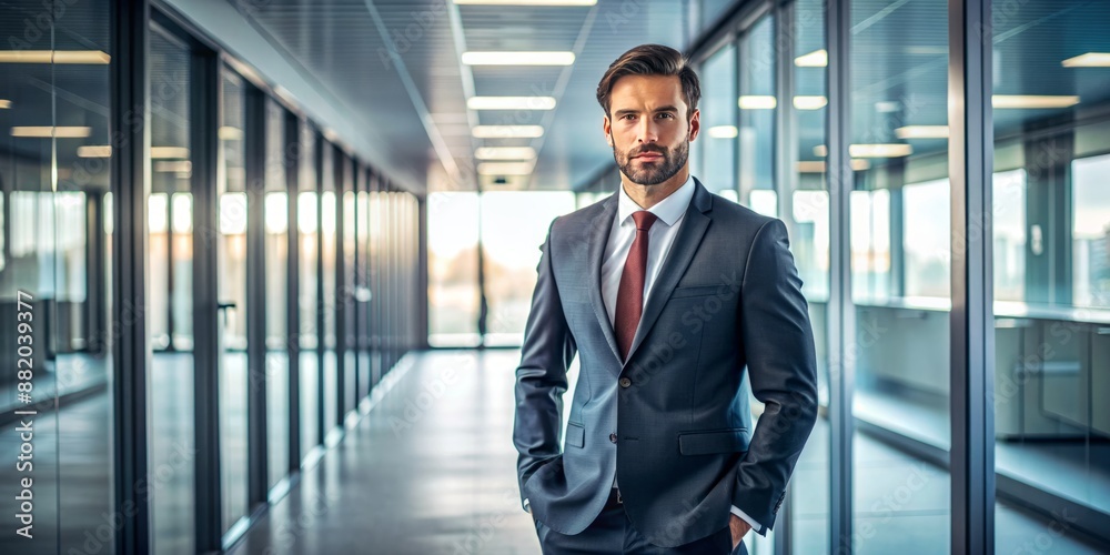 Confident businessman standing alone in a modern office hallway, dressed in a tailored suit and tie, exuding authority and professionalism. Confident businessman standing alone in a modern office hallway, dressed in a tailored suit and tie, exuding authority and professionalism.