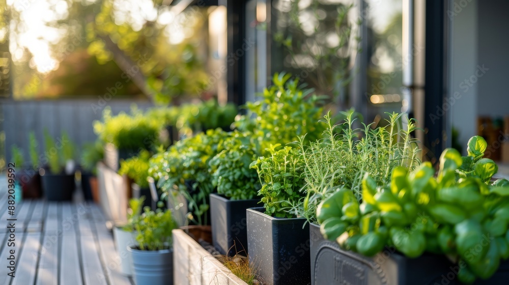 Green Herb Garden in Black Pots on Wooden Deck