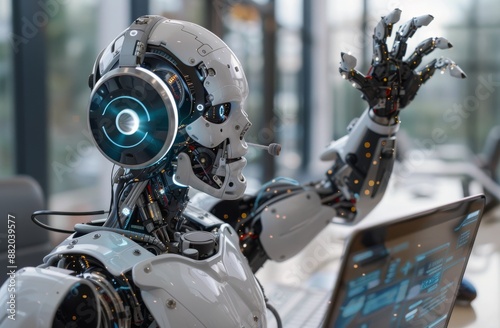 White Robot With Headphones Working on Laptop in Modern Office