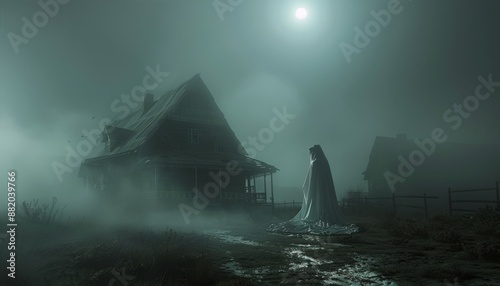 A Ghost Stands Before a Foggy House on a Dark Night